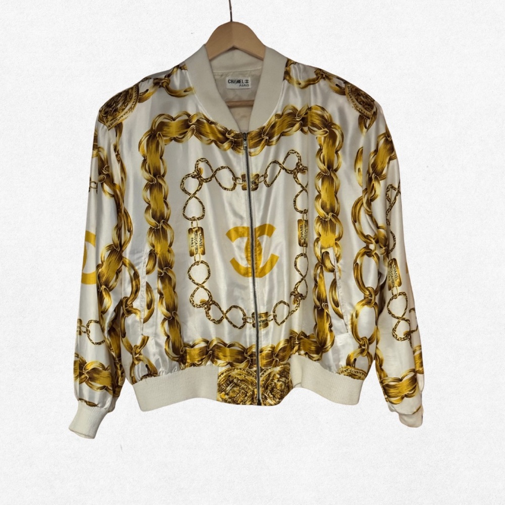 1980’s Vintage Chanel Chain-Print Satin Bomber Jacket